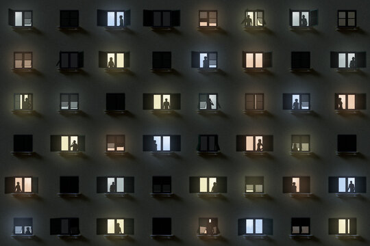 Illustrazione 3D. Persone alle finestre illuminate. .Notturno di facciata di casa, palazzo..