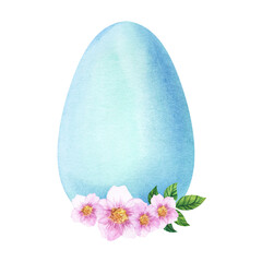 Watercolor image of tender blue Easter egg with beautiful twig of blooming rosehip isolated on white background. Hand drawn decorative element for bright Easter holiday