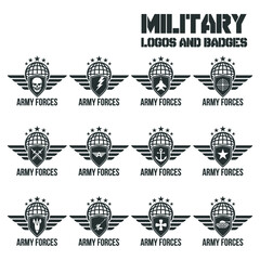 Military emblems set isolated vector illustration. Army logo collection