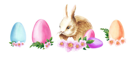 Watercolor set of decorative elements isolated on white for bright Easter holiday. Furry cute rabbit and dyed colorful eggs of pink, blue and peach shades decorated with twigs of blooming rose hips