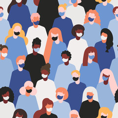 Crowd of people in medical protective face mask seamless pattern.Concept of coronavirus lockdown quarantine.people in white medical face mask - pattern for web banner, poster or social media,stories