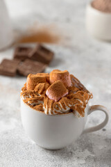 Hot chocolate cocoa cup with whipped cream decorated with cinnamon and marshmallow on concrete background.
