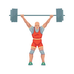 Man athlete lifts a heavy barbell, weightlifting illustration. Sport, character isolated on white background, childrens cartoon illustration