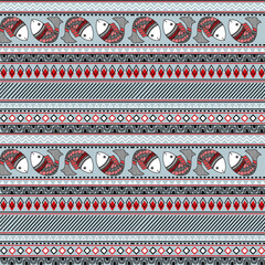 Indian folk seamless print. Madhubani seamless pattern of fish.Colorful Vector hand drawn flat illustration for fabric, print, wrapper, textile.