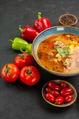 front view tasty meat soup with fresh vegetables on a dark background dish food photo color