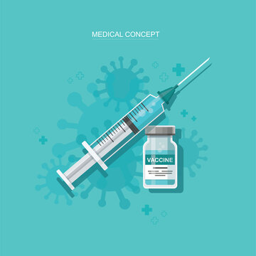 Vaccine Vial And Syringe. Injection. Isolated Vector Illustration