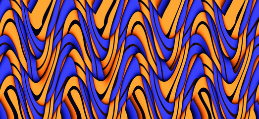Yellow blue bright twisted lines on black background. Abstract psychedelic vector illustration	