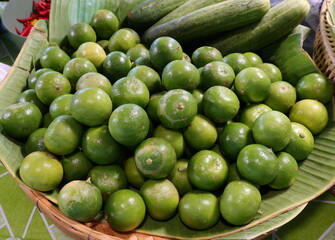 Green lime on display on banana leaves