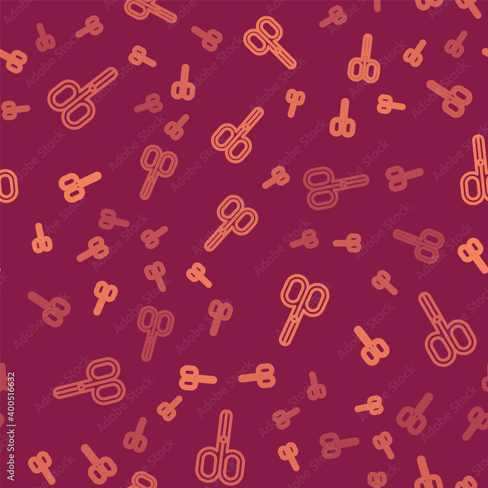 Poster brown line scissors icon isolated seamless pattern on red background. cutting tool sign. vector.
