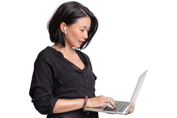 Portrait of new generation asian businesswoman working on laptop computer isolated on white background