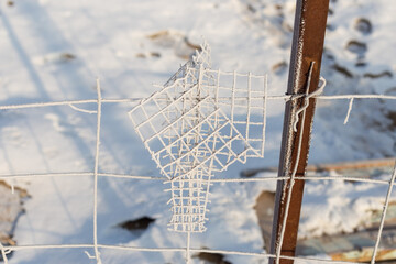 Snow-covered mesh. The lattice fence is covered with fresh snow. Winter background texture. White background texture