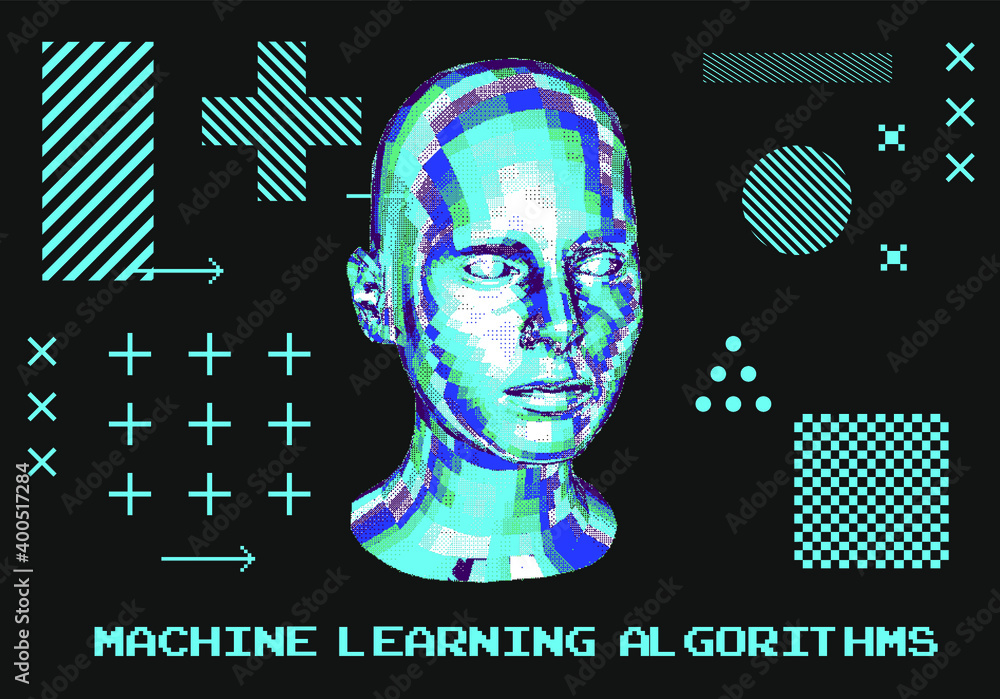 Poster Artificial Intelligence concept. Android machine head made of pixels.