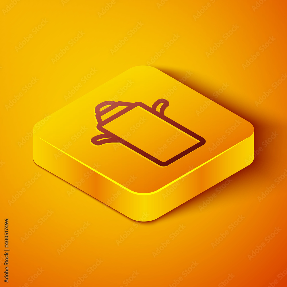 Poster isometric line can container for milk icon isolated on orange background. yellow square button. vect