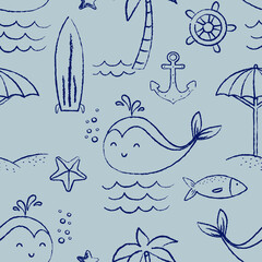 Sea and nautical seamless patterns for baby shower design, children clothes print, invitation cards, textile, wall decor.
