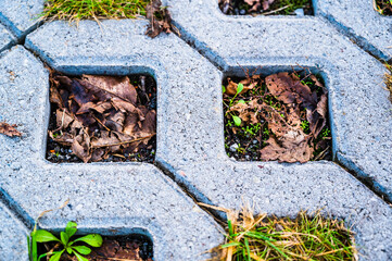 A top view shot of checkered tiles of a garden path