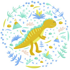 Round picture with cute tyrannosaurus surrounded ancient plant.