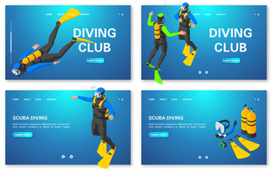 Scuba diving concept banners set. Diving training. Diving club.