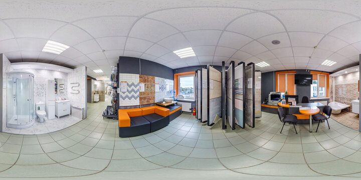 MINSK, BELARUS - MAY, 2019: Full spherical seamless hdri panorama 360 degrees angle inside interior in shop showroom of elite plumbing and household goods in equirectangular projection, VR AR content