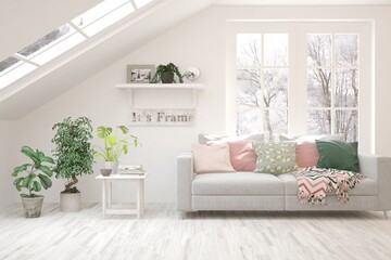 Ultimate gray living room with sofa and winter landscape in window. Scandinavian interior design. 3D illustration