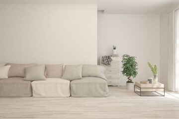 Ultimate gray living room with sofa. Scandinavian interior design. 3D illustration
