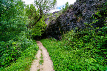 Fototapeta premium Green landscape with walking path and high rock wall. 