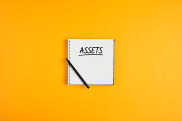 The word assets written on notebook with pen on yellow background with copy space. Inventory asset...