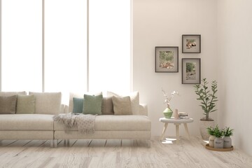 White living room with sofa. Scandinavian interior design. 3D illustration