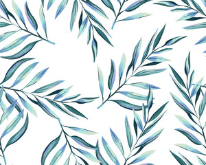 Floral pattern of twigs with leaves. Green leaves on a white background are painted in watercolor technique.