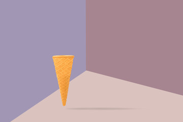 Ice cream cone with shadow on tridimensional colored background