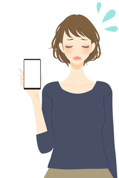 携帯電話を持つ女性　ネットトラブル　困る表情のイラスト