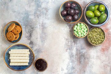 top view fresh fruits with biscuits on light background sweet fresh photo many