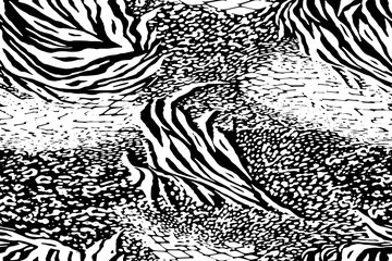 Full seamless zebra and tiger stripes animal skin pattern. Black and white design for textile fabric printing. Fashionable and home design fit.