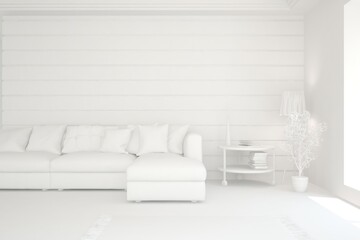 White minimalist living room with sofa. Scandinavian interior design. 3D illustration