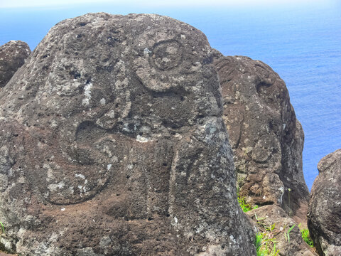 Rocks with rock engraving. Easter Island, traces ancient culture.