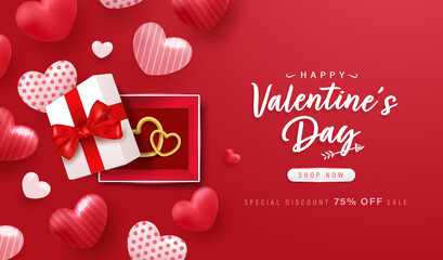 Naklejka premium Happy Valentine Day background or banner with lovely heart and gift box elements.