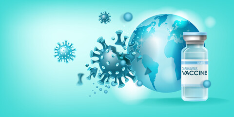 Coronavirus vaccine medical pandemic concept with disease molecule falling apart, medical flask, globe,world map. Scientific global COVID-19 spreading prevention background. Coronavirus vaccine banner
