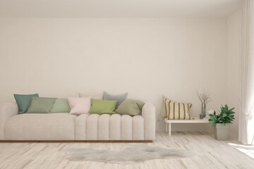 White living room with sofa. Scandinavian interior design. 3D illustration