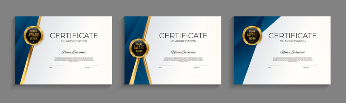 Blue And Gold Certificate Of Achievement Template Set Background With Gold Badge And Border. Award Diploma Design Blank. Vector Illustration EPS10