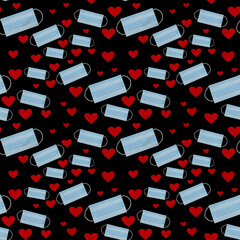 Seamless pattern of medical masks and red hearts on a black background.