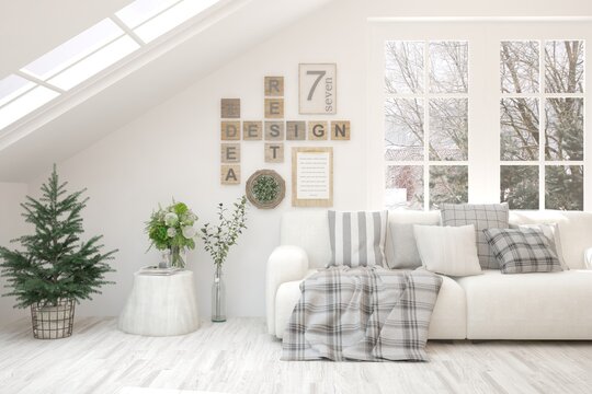 Winter new year interior of living room with sofa. Scandinavian design. 3D illustration