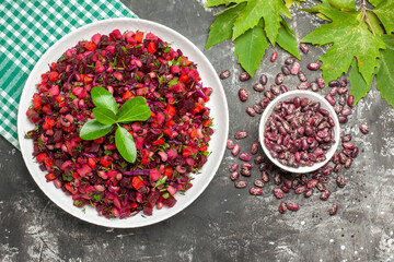 top view delicious vinaigrette beet salad inside plate on dark background health meal diet food