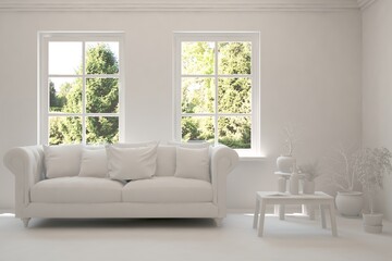 White living room with sofa and summer landscape in window. Scandinavian interior design. 3D illustration