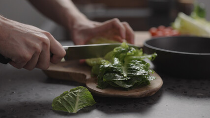 man hand cutting romaine lettuce on wood board to make salad