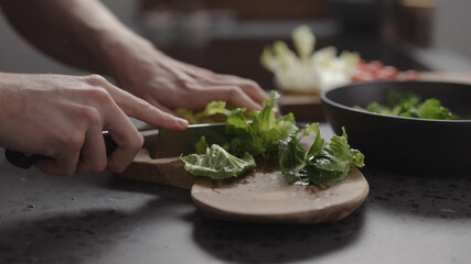 man hand cutting romaine lettuce on wood board to make salad