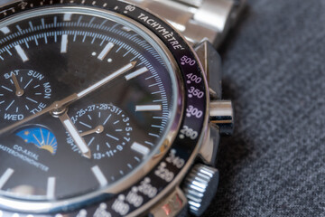 Close-up of luxury chronograph watch