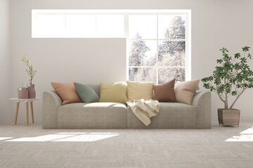 White living room with sofa and winter landscape in window. Scandinavian interior design. 3D illustration