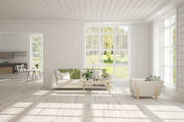 White living room with sofa and summer landscape in window. Scandinavian interior design. 3D illustration