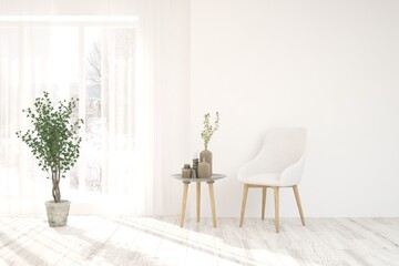 White living room with armchair. Scandinavian interior design. 3D illustration