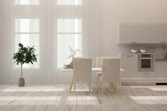 White stylish minimalist kitchen. Scandinavian interior design. 3D illustration