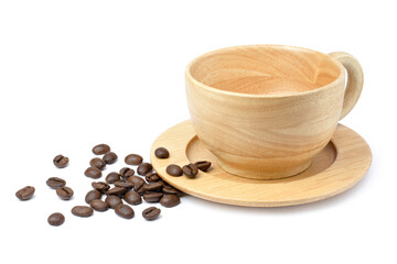 Closeup empty wooden cup of black coffee with roasted coffe beans isolated on white background. 